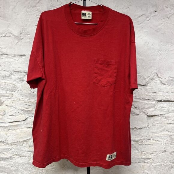 Vintage Red Russell Athletic T Shirt Pro Cotton XL Faded Blank 90s Y2K Pocket - Picture 1 of 7